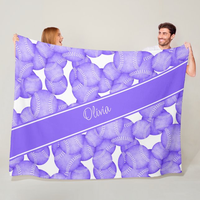 girls purple softballs pattern monogrammed fleece blanket (In Situ)