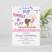 Girls Purple Tumbling Gymnastics Birthday Party Invitation (Standing Front)