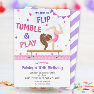 Girls Purple Tumbling Gymnastics Birthday Party Invitation