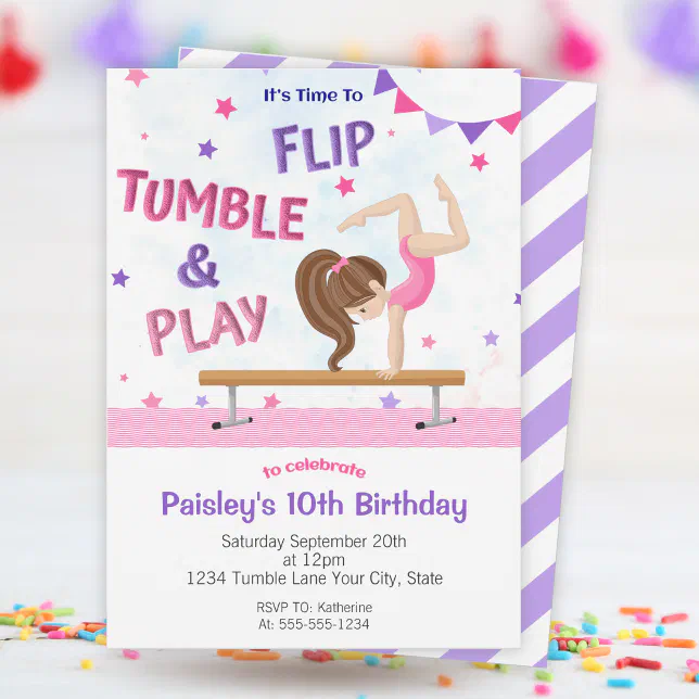 Girls Purple Tumbling Gymnastics Birthday Party Invitation | Zazzle