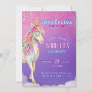 Girls Purple Unicorn 6th Birthday Party Invitation