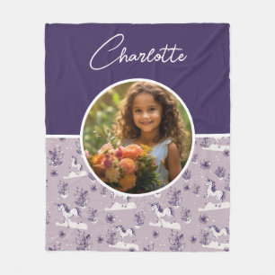 Girl's Purple Unicorn Custom Photo with Name Fleece Blanket
