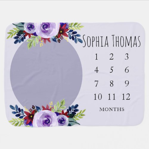 Girls Purple Watercolor Flowers and Name Milestone Baby Blanket