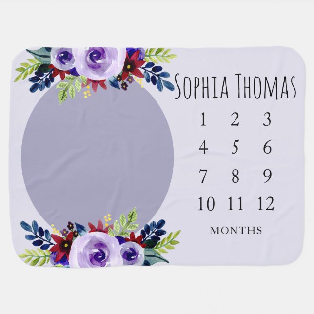 Girls Purple Watercolor Flowers and Name Milestone Baby Blanket (Horizontal)