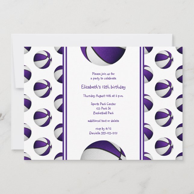 girls purple white basketball birthday_team party invitation (Front)