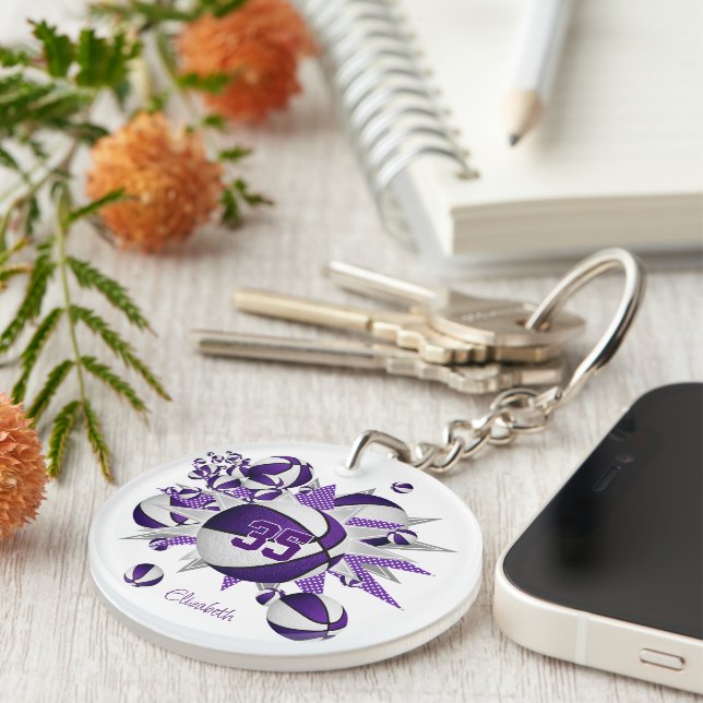 girls purple white basketballs stars  keychain (Front Right)