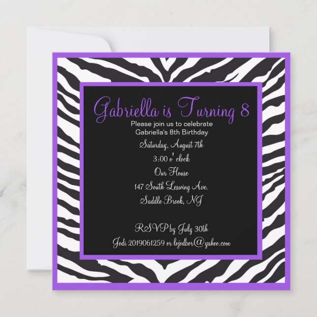 Girls Purple Zebra Print Birthday Invitation (Front)