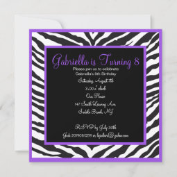 Girls Purple Zebra Print Birthday Invitation | Zazzle