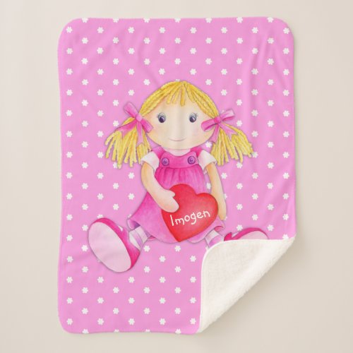 Girls rag doll dolly name flower polka dot blanket