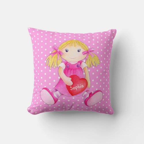 Girls rag doll dolly name flower polka dot pillow