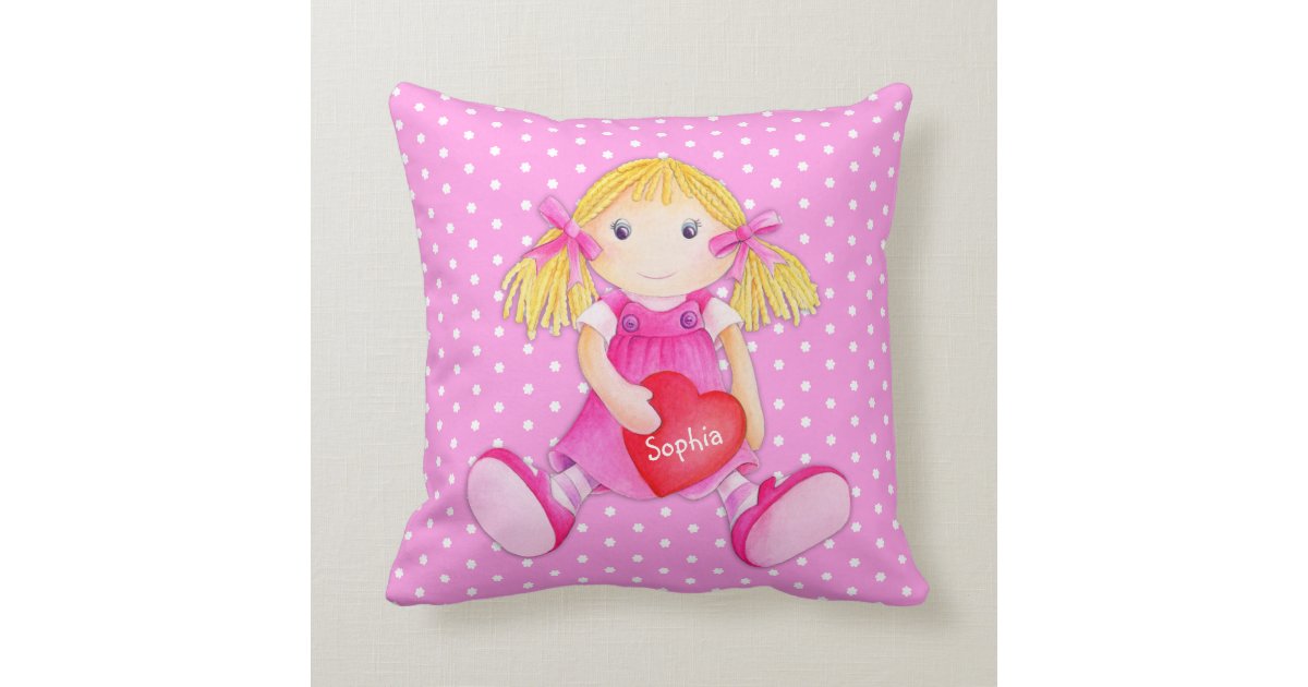 Girls Rag Doll Dolly Name Flower Polka Dot Pillow Zazzle Com
