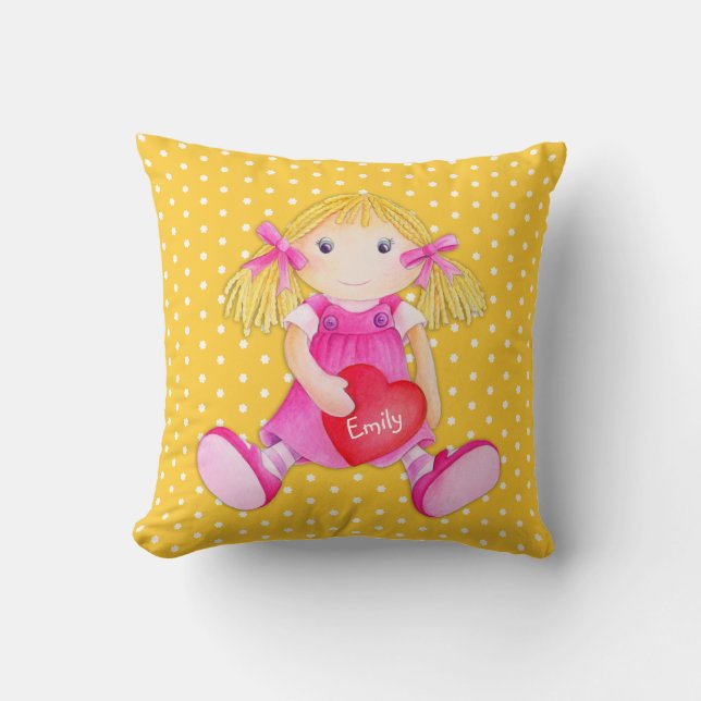 Girls rag doll yellow name flower polka dot pillow (Front)