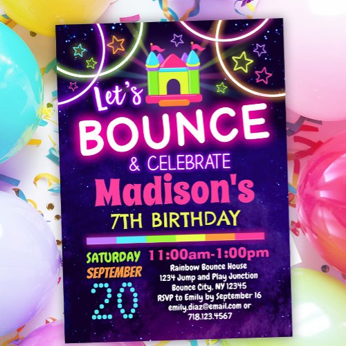 Girls Rainbow Bounce House Birthday Party Invitation