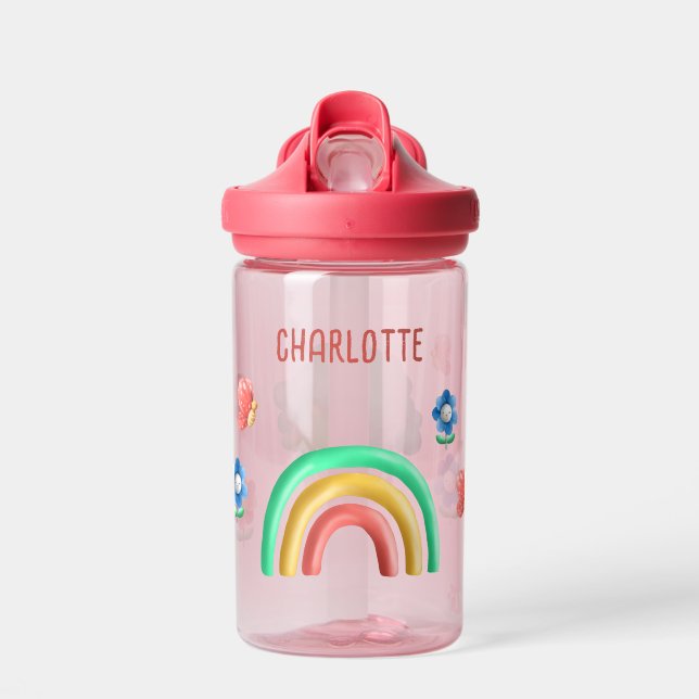 Girls Rainbow Butterfly Kids Personalized  Water Bottle (Front)