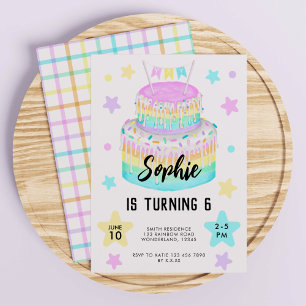 Girls' Rainbow Cake 6th Birthday Invitation