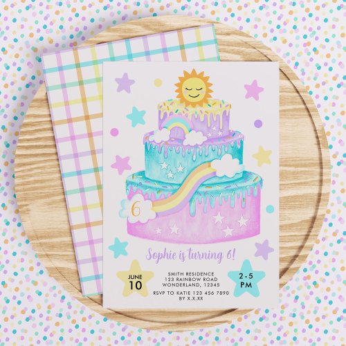 Girls Rainbow Cake Birthday Invitation