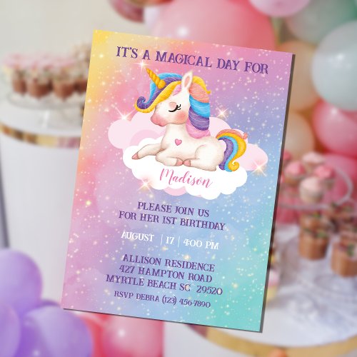 Girls Rainbow Colors Unicorn Birthday Invitation