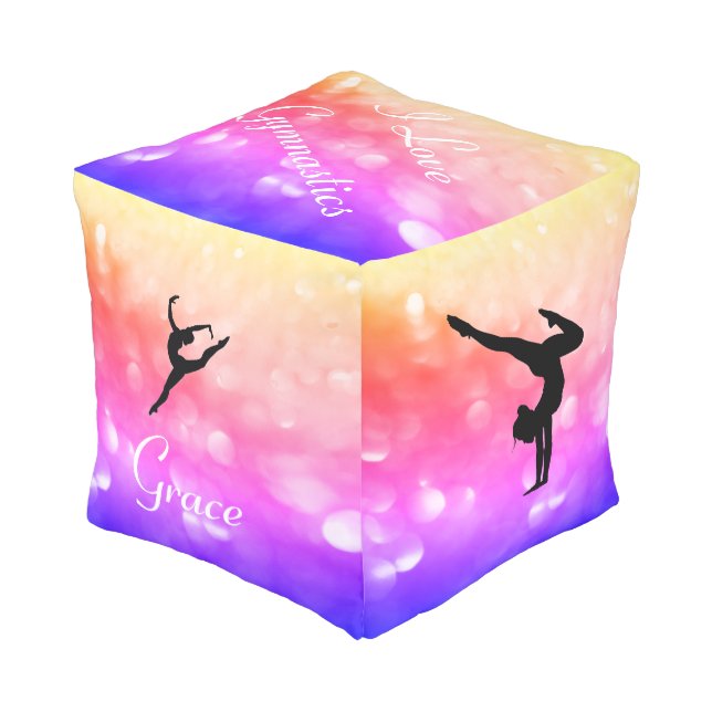Girls Rainbow I Love Gymnastics Cube Pouf (Angled Front)