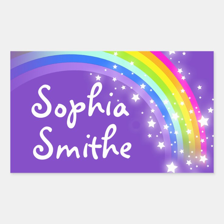 Girls rainbow name purple id label sticker Zazzle