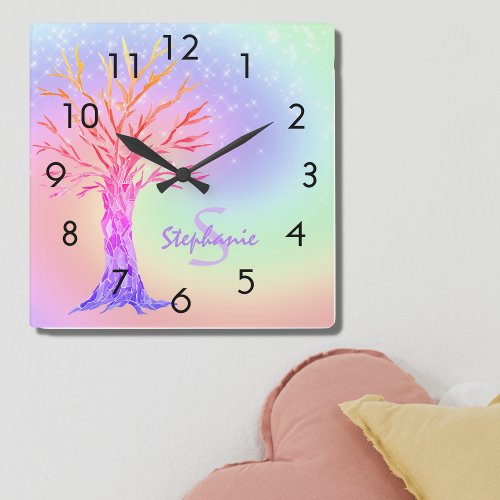 Girls Rainbow Name  Square Wall Clock