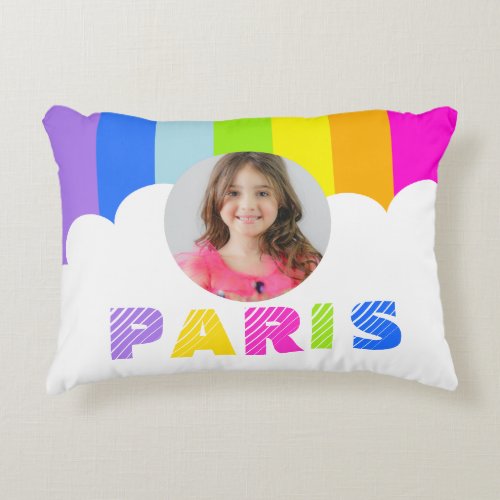 girls rainbow stripe photo name Paris pillow