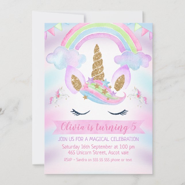 Girls Rainbow Unicorn Birthday Invitation (Front)
