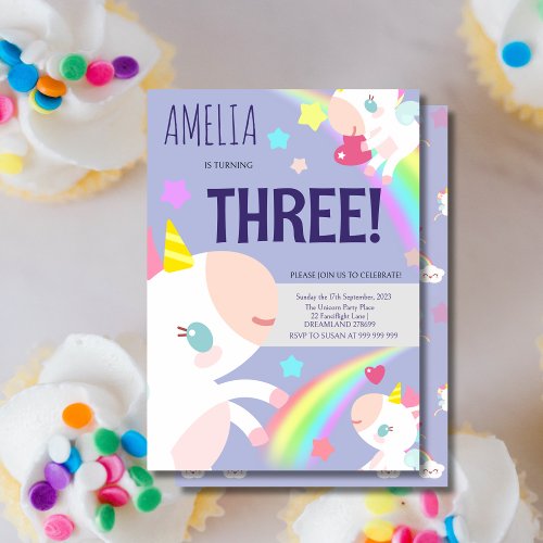 Girls Rainbow  Unicorn Purple Birthday Invitation