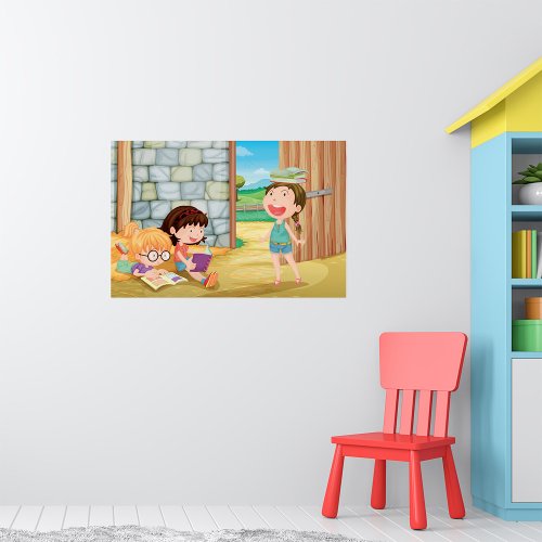 Girls Reading In A Barn Poster