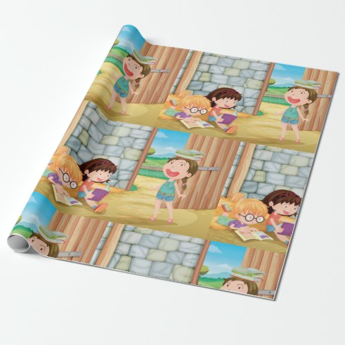 Girls Reading In A Barn Wrapping Paper