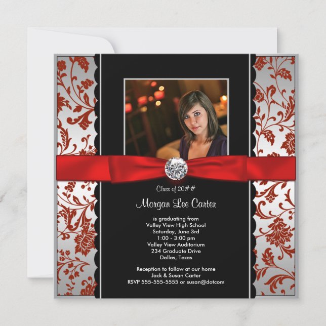 Girls Red and Black Photo Graduation Announcem Invitation (Front)