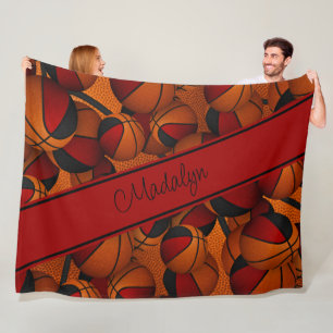 girls red black basketball pattern personalized fleece blanket