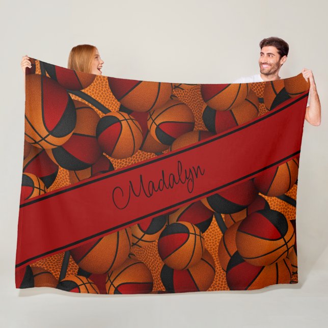 girls red black basketball pattern personalized fleece blanket (In Situ)