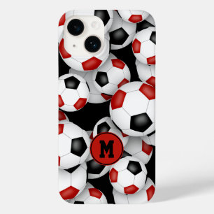 Girls red black soccer balls pattern monogrammed Case-Mate iPhone 14 case