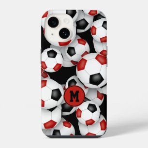 Girls red black soccer balls pattern monogrammed iPhone 14 case