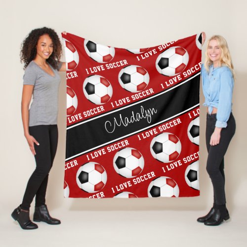 girls red black soccer balls text pattern  fleece blanket
