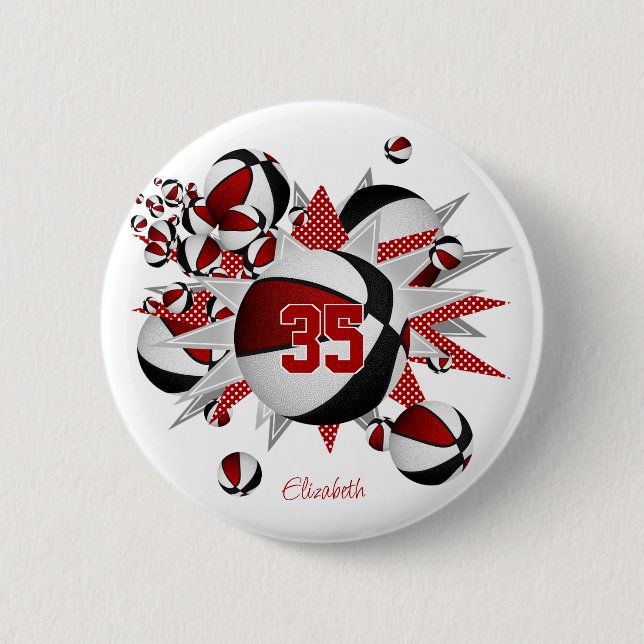girls red black sports basketballs stars button (Front)