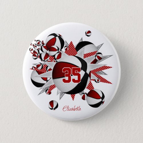 girls red black sports basketballs stars button