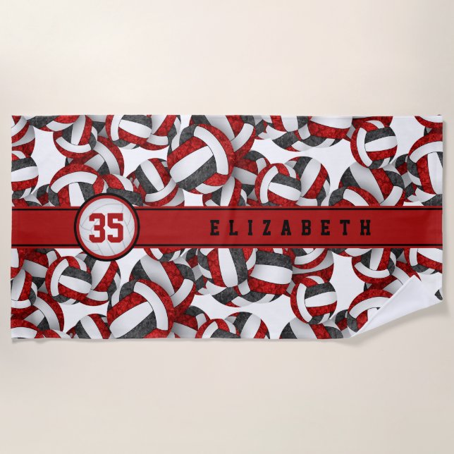 girls red black volleyball team colors patterned beach towel (Front)