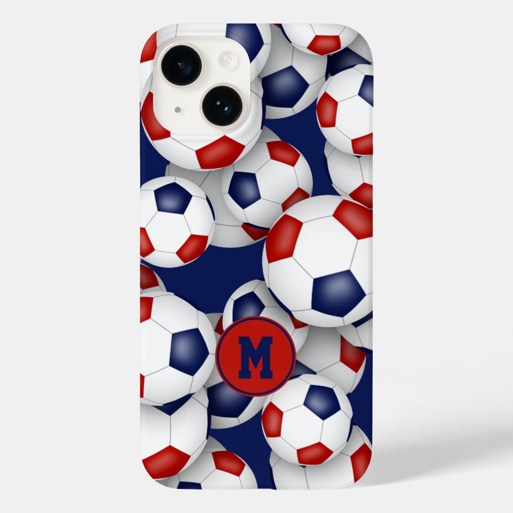 Girls red blue soccer balls pattern monogrammed Case-Mate iPhone case