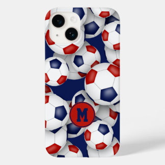 Girls red blue soccer balls pattern monogrammed Case-Mate iPhone 14 case