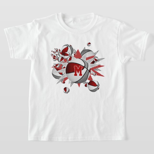 girl's red gray basketballs stars monogrammed T-Shirt (Laydown)