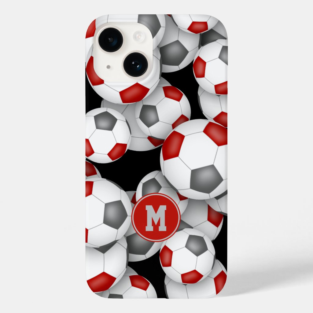 Girls red gray soccer balls pattern monogrammed Case-Mate iPhone case