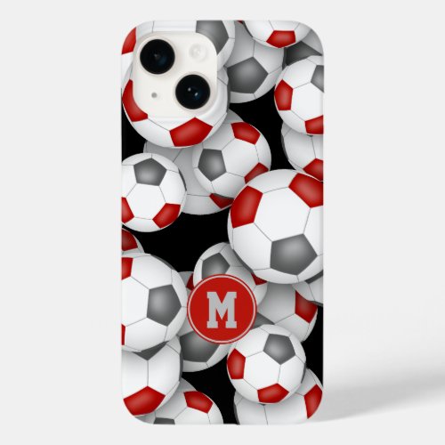 Girls red gray soccer balls pattern monogrammed  Case_Mate iPhone 14 case