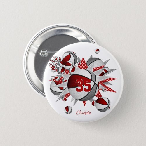 girls red gray sports basketballs stars button