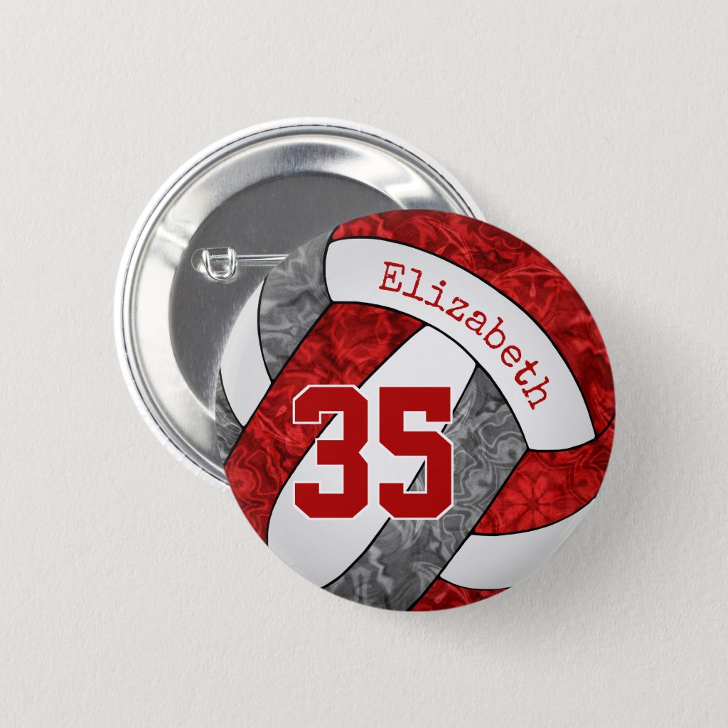 girls red gray volleyball team colors personalized button