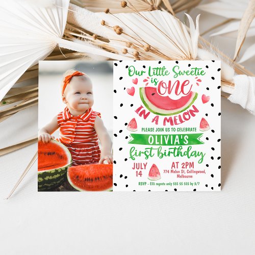 Girls Red Green One In A Melon Photo 1st Birthday Invitation