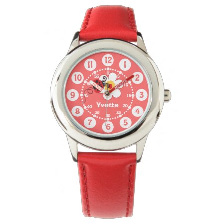 Girls Red Ladybug, White Name Wrist Watch