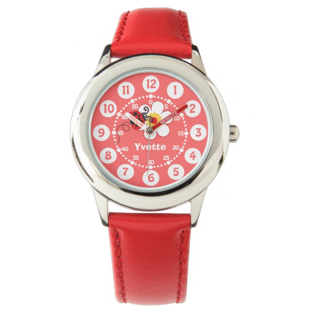 Girls red ladybug, white name wrist watch (Front)