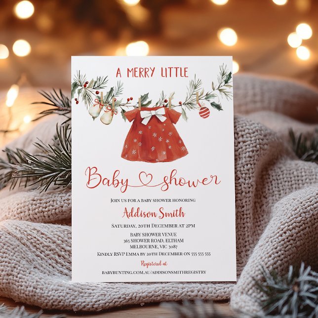 Girls Red Merry Little Baby Shower Baby Shower Invitation (Merry Little Baby Shower Invitation Template Girl, Christmas Baby Shower Invitation, Christmas Baby)