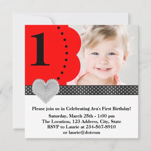 Red Black Girls Photo 1st Birthday Party Invitations